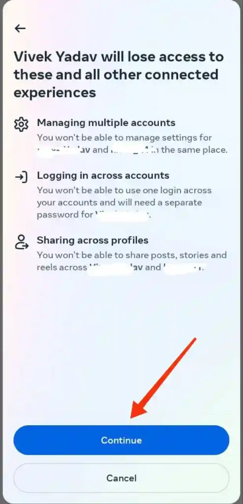 स्टेप 7 -  इंस्टाग्राम से फेसबुक अकाउंट को कैसे हटाये